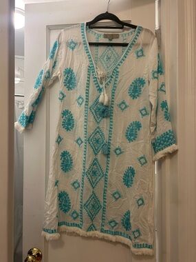 Embroidered Tassel V-Neck Swim Coverup - White with Turquoise